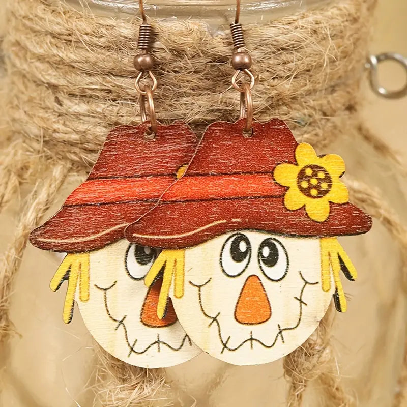 Scarecrow Sunflower Wooden Dangle Earrings