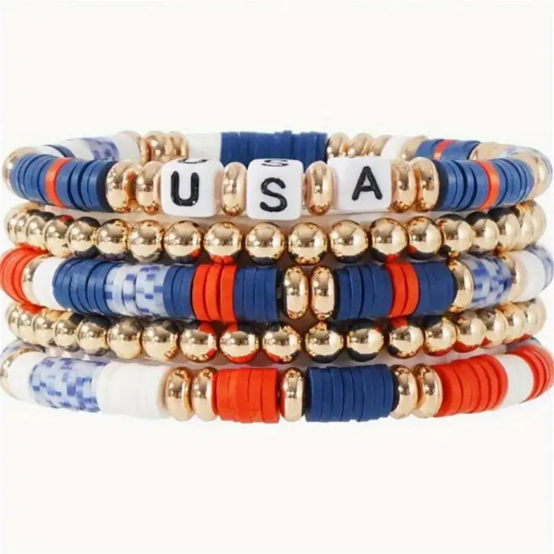 5-Piece Red White And Blue American Flag Design USA Beaded Bracelet Set