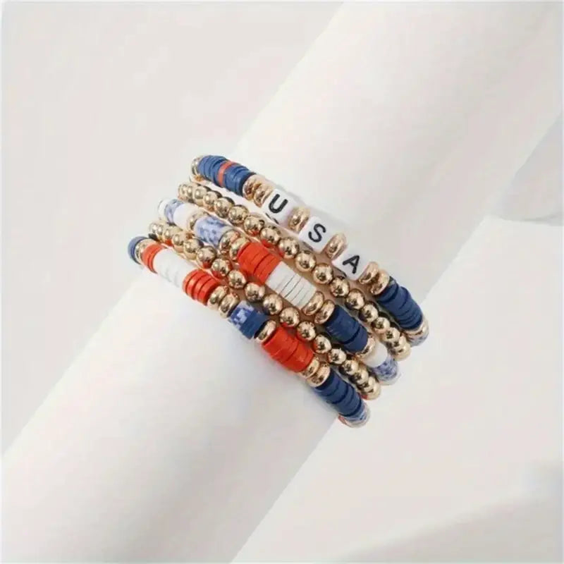 5-Piece Red White And Blue American Flag Design USA Beaded Bracelet Set