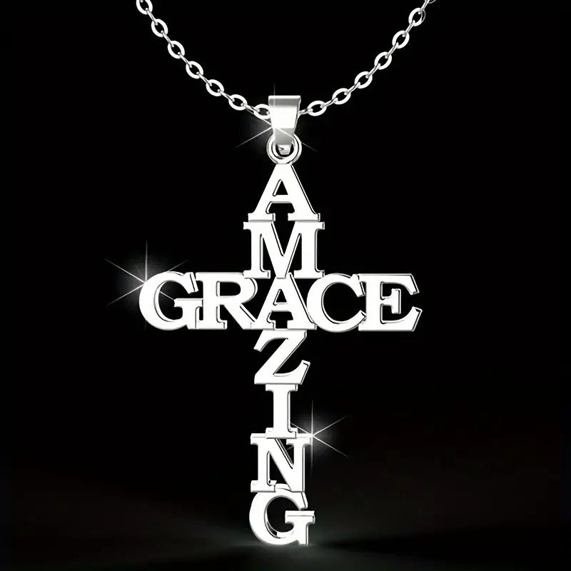 Stainless Steel Amazing Grace Cross Pendant Necklace