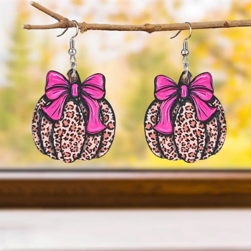 Thanksgiving Leopard Print Wooden Pumpkin Earrings with Rose Red Bow