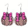 Thanksgiving Leopard Print Wooden Pumpkin Earrings with Rose Red Bow