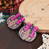 Thanksgiving Leopard Print Wooden Pumpkin Earrings with Rose Red Bow