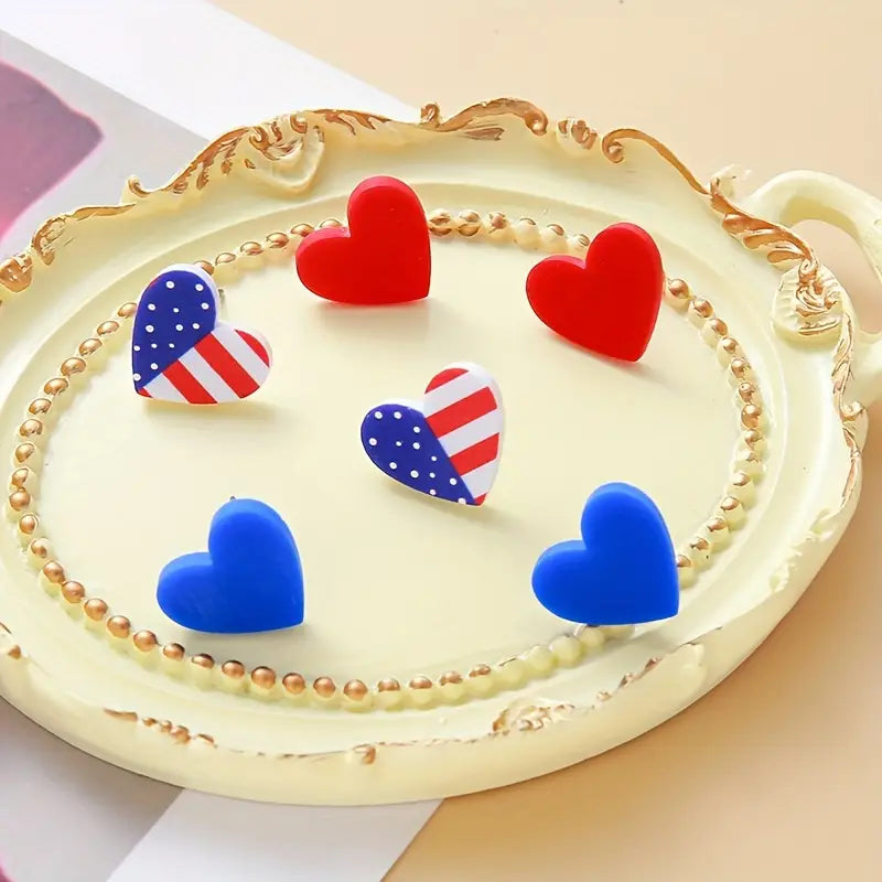 3-Pair Patriotic American Flag Heart Earrings