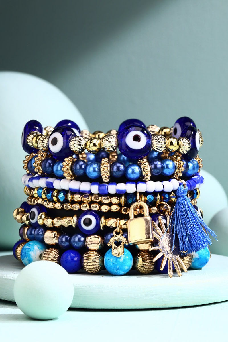 8 Layered Multi-Bead Bracelet with Evil Eye Charm