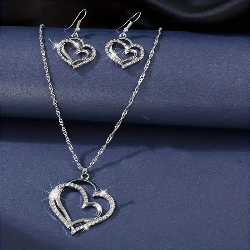 3pcs/set Heart Shaped Zircon Pendant Necklace & Drop Earrings