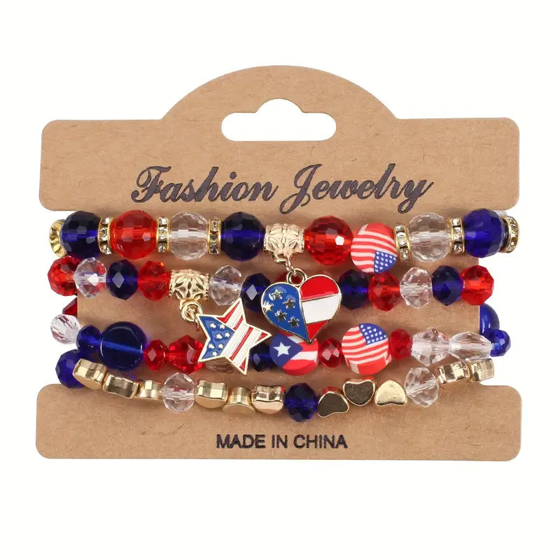 4pcs Independence Day American Flag Series Red White Blue Beaded Bracelets