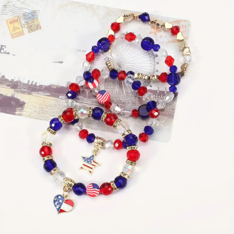 4pcs Independence Day American Flag Series Red White Blue Beaded Bracelets