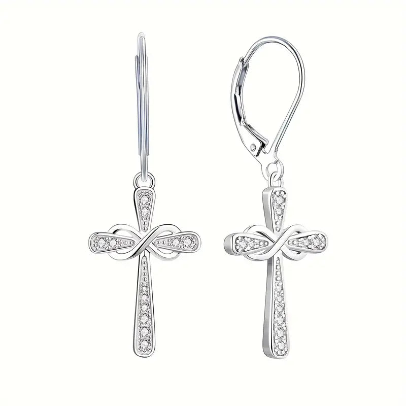 925 Sterling Silver Hypoallergenic Cross Design Dangle Earrings