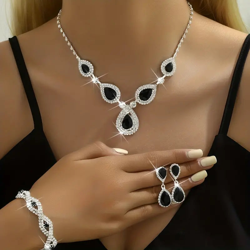 4pcs Elegant Silver Plated Waterdrop Zircon Jewelry Set