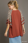 Women&#39;s Linen Blend Animal Print Layered Bell Sleeve Top