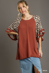 Women&#39;s Linen Blend Animal Print Layered Bell Sleeve Top