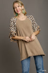 Women&#39;s Linen Blend Animal Print Layered Bell Sleeve Top