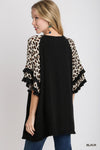 Women&#39;s Linen Blend Animal Print Layered Bell Sleeve Top