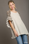 Women&#39;s Linen Blend Animal Print Layered Bell Sleeve Top