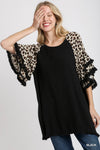 Women&#39;s Linen Blend Animal Print Layered Bell Sleeve Top