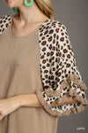 Women&#39;s Linen Blend Animal Print Layered Bell Sleeve Top