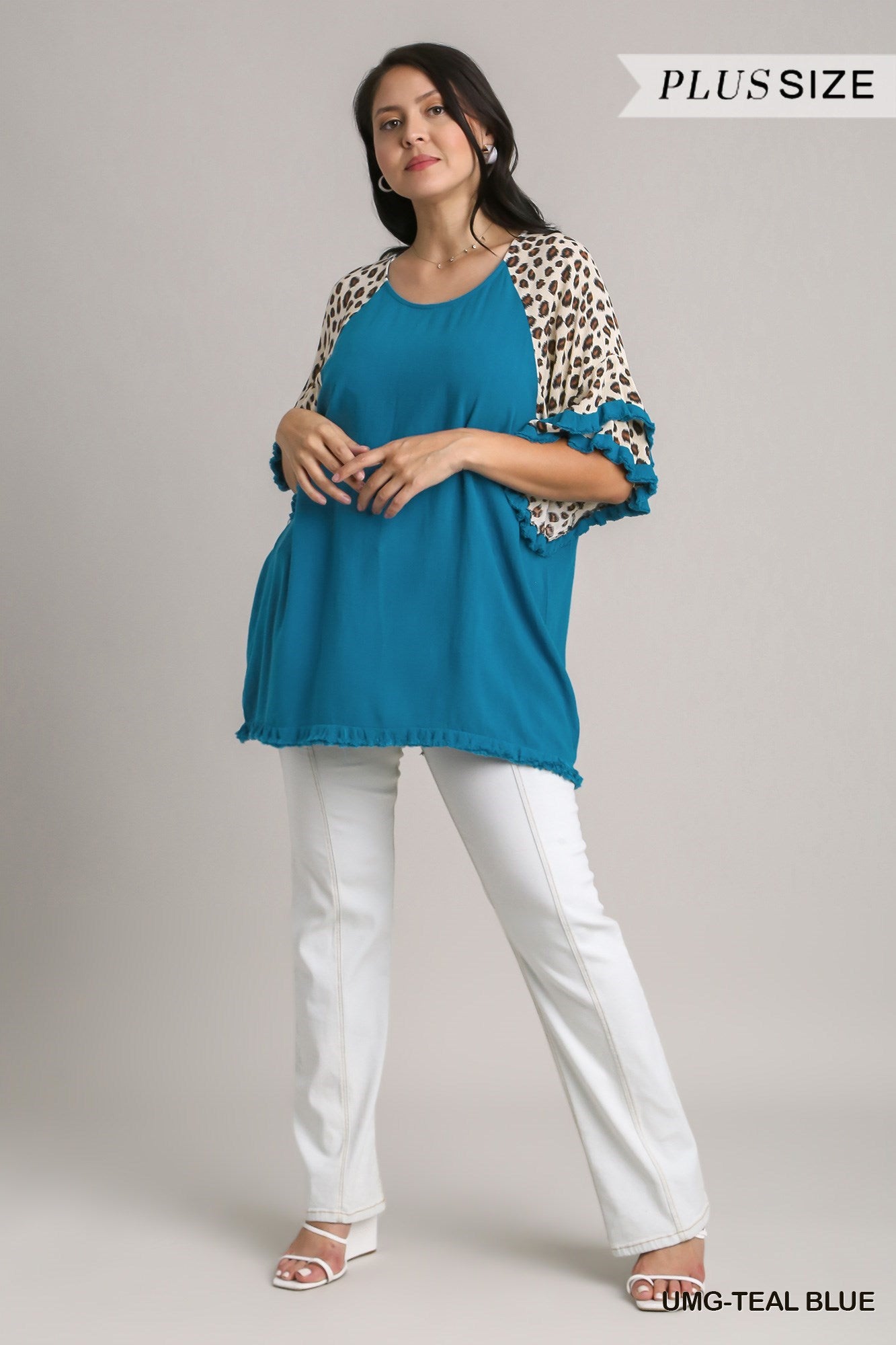 Women's Linen Blend Animal Print Layered Bell Sleeve Top