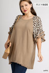 Women&#39;s Linen Blend Animal Print Layered Bell Sleeve Top