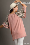 Women&#39;s Linen Blend Animal Print Layered Bell Sleeve Top