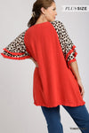 Women&#39;s Linen Blend Animal Print Layered Bell Sleeve Top