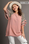 Women&#39;s Linen Blend Animal Print Layered Bell Sleeve Top