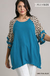 Women&#39;s Linen Blend Animal Print Layered Bell Sleeve Top