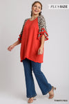 Women&#39;s Linen Blend Animal Print Layered Bell Sleeve Top