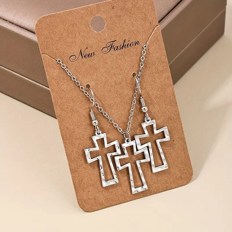 3 pcs Hollow Cross Pendant Alloy Jewelry Set