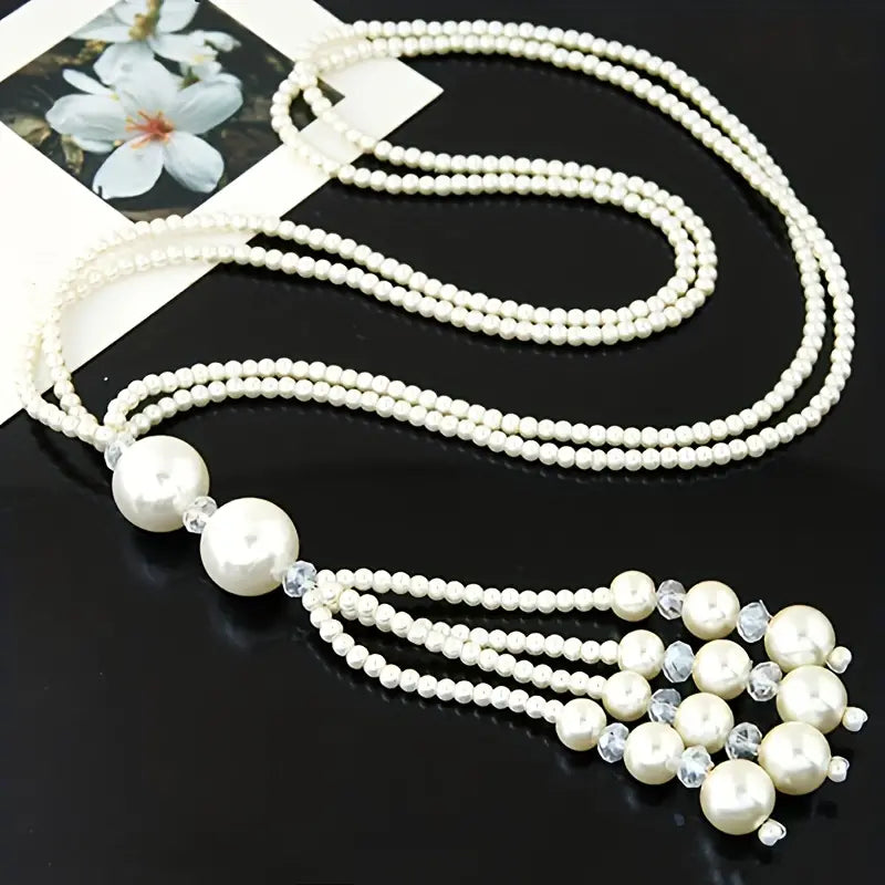 Baroque Style Long Faux Pearl Sweater Chain Necklace