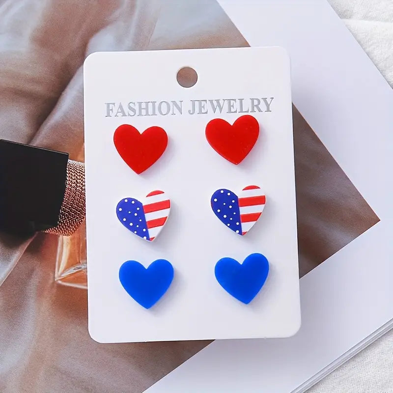 3-Pair Patriotic American Flag Heart Earrings